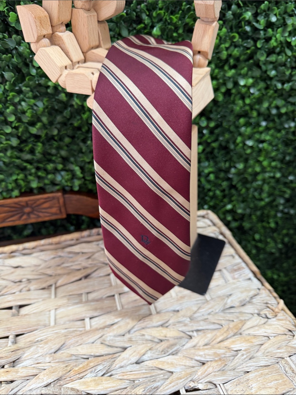 Dior Burgundy Striped Tie with Cream and Navy Accents